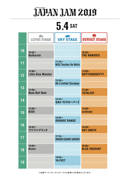 リトグリ、10-FEETが5/4、オーラル、ゲスの極み乙女。が5/5、KANA-BOON、miwa、UVERworldらが5/6出演！「JAPAN JAM 2019」タイムテーブル決定！