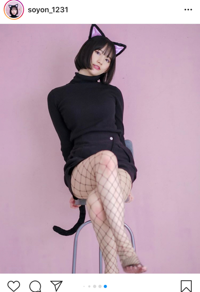 そよん、魅惑的な網タイツの黒猫コスプレ！「ため息が出るほど可愛い」