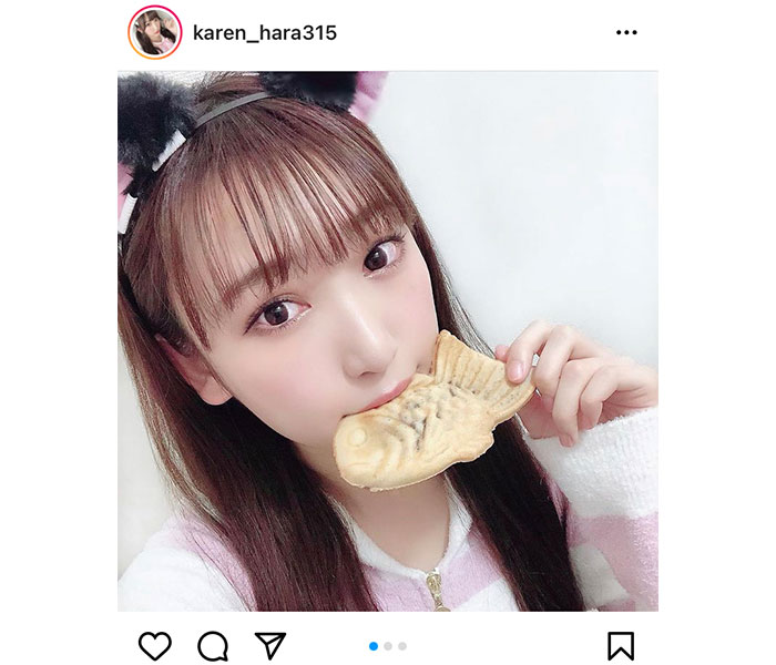 NMB48 原かれん、猫耳姿でたい焼きと2ショット「頭から食べる派です」