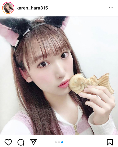 NMB48 原かれん、猫耳姿でたい焼きと2ショット「頭から食べる派です」