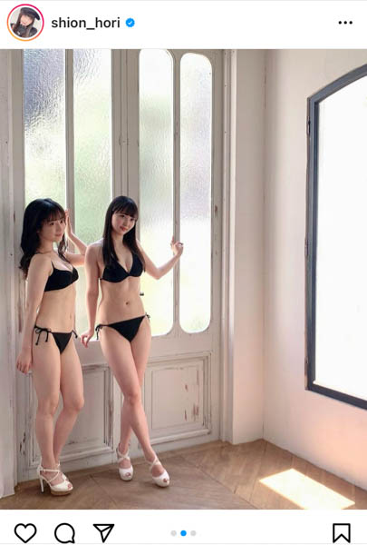 NMB48 堀詩音、黒ビキニ姿で照れた表情にキュン! 川上千尋との2ショットも公開