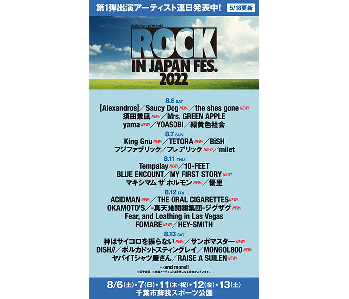 マキシマム ザ ホルモン、MY FIRST STORY、サンボマスターら18組の出演が決定！「ROCK IN JAPAN FESTIVAL 2022」出演アーティスト連日発表中