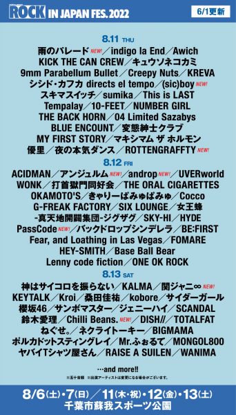 関ジャニ∞、アンジュルムら12組の出演決定！「ROCK IN JAPAN FESTIVAL 2022」第3弾出演アーティスト発表