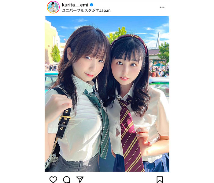 くりえみ、伊織もえとUSJで制服デート！「天使が2人」「二人とも可愛いすぎる」