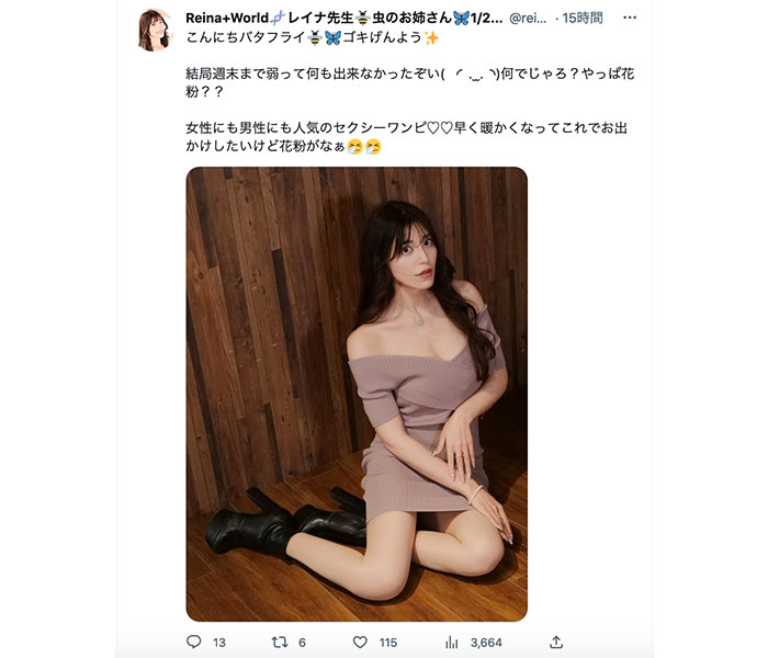 Reina+World（レイナワールド）、ミニ丈セクシーニットでデコルテ＆美脚露わに