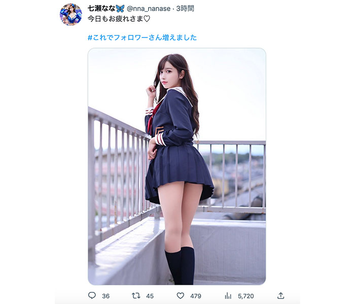 レースクイーン・七瀬なな、制服スカートからスラリと伸びた美脚で釘付け！