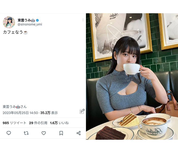 東雲うみ、穴あきニットで谷間チラリ「ボリュームすご」「お綺麗です」とファン歓喜