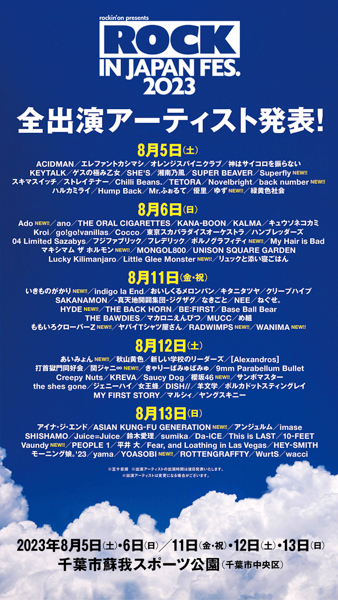 8/5、back number・ゆずらの出演決定！「ROCK IN JAPAN FESTIVAL 2023」全出演者発表