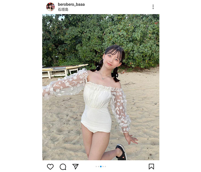 佐藤かれん、オフショルの水着でふっくらバストがチラリ「水着姿可愛すぎて可愛いしか言えない」とファン歓喜