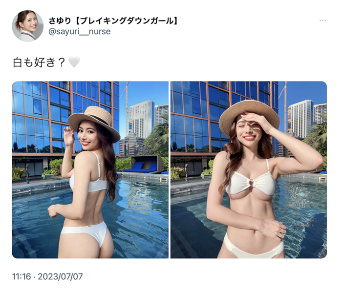 現役看護師・さゆり、白い水着のTバックバックショットからの下乳見せつけ！