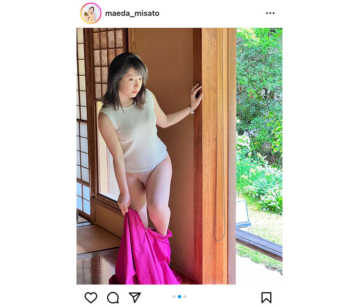 前田美里、スカートを脱いで太もも見せる脱ぎかけショットで悩殺！